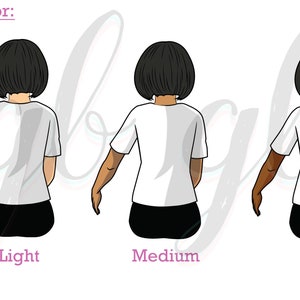 Op de afbeelding: Drie illustraties van een persoon van achteren, die een wit T-shirt en een zwarte broek draagt. De persoon heeft zwart haar. De huidtinten zijn licht, medium en donker.