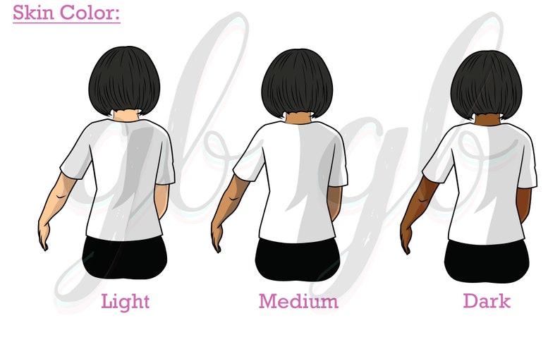 Op de afbeelding: Drie illustraties van een persoon van achteren, die een wit T-shirt en een zwarte broek draagt. De persoon heeft zwart haar. De huidtinten zijn licht, medium en donker.