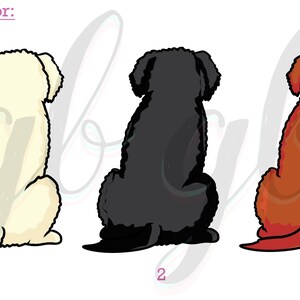 Op de afbeelding: Drie illustraties van honden die met hun rug naar de kijker zitten. De honden zijn in verschillende kleuren: wit, zwart en oranje.