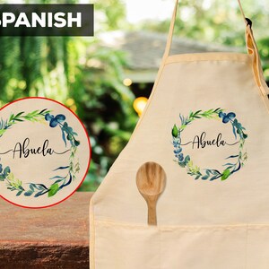 Abuela Apron - Spanish Grandmother Kitchen Gift - Abuela Birthday Present with Floral Design - Beige Cotton