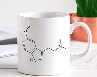 5-MeO-DMT Bufo Toad Molecule Mug, C13H18N2O Formula Design, O-methyl-bufotenin Skeletal Shorthand for Chemistry and Science