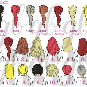 Op de afbeelding: Twaalf verschillende kapsels voor vrouwen, genummerd van 1 tot en met 12. Elk kapsel wordt getoond in een andere haarkleur: zwart, rood, grijs, lichtbruin, donkerbruin, lichtblond en blond.