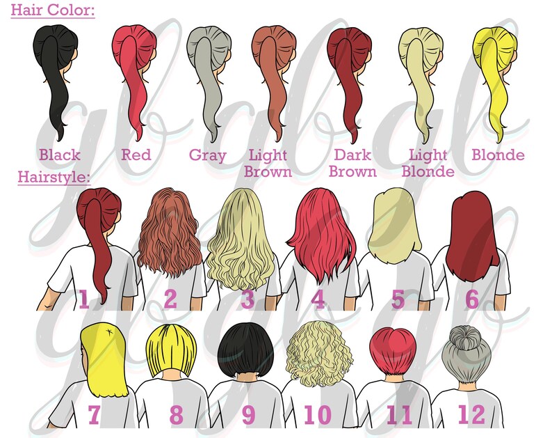 Op de afbeelding: Twaalf verschillende kapsels voor vrouwen, genummerd van 1 tot en met 12. Elk kapsel wordt getoond in een andere haarkleur: zwart, rood, grijs, lichtbruin, donkerbruin, lichtblond en blond.