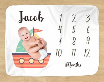 Boat Milestone Blanket - Personalized Name - Sailboat Nautical Colorful Design for Baby Boy or Girl - Soft for Monthly Milestones