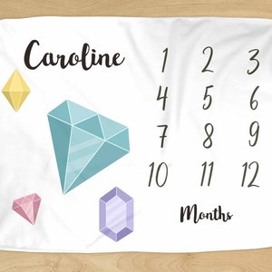 Gem Milestone Blanket - Personalized Name - Diamond Gemstone Design for Baby Boy or Girl - Soft for Monthly Milestones