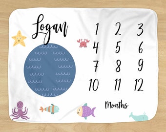 Beach Life Milestone Blanket - Personalized Name - Ocean and Water Design for Baby Boy or Girl - Soft for Monthly Milestones