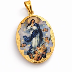 Medalha de Nossa Senhora da Conceição, com rebordo ornamentado, em Ouro 19 kl\\Medal of Our Lady of the Immaculate Conception, in 19k gold