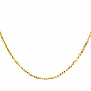 Könnte beinhalten: Eine goldfarbene Halskette mit Weizenketten-Design. Die Halskette wird vor einem weißen Hintergrund präsentiert, der ihr kompliziertes Muster und ihren warmen Farbton hervorhebt. Die Kette ist ein klassisches Schmuckstück.