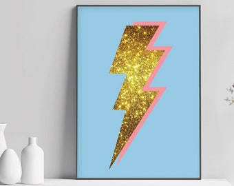 Lightening Bolt in Gold Glitter, Pastel, Pretty Colours, trendy art, cool poster, many variations!