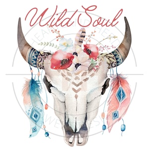 Wild Soul Boho Skull PNG | Boho Animal Skull Sublimation | Boho Bull Skull and Feathers Graphic Design