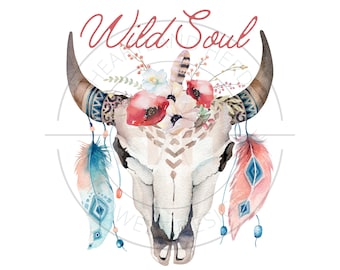 Wild Soul Boho Skull PNG | Boho Animal Skull Sublimation | Boho Bull Skull and Feathers Graphic Design
