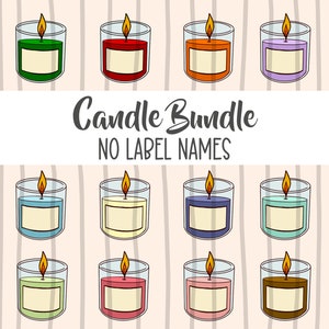 May include: A set of 12 candles in various colors, including green, red, orange, purple, blue, yellow, light blue, cream, dark blue, teal, light green, and pink. Each candle is in a clear glass jar with a white label. The candles are arranged in two rows of six. The text "Candle Bundle NO LABEL NAMES" is displayed above the candles.