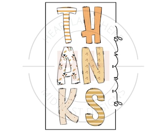 Könnte beinhalten: Ein Grafikdesign mit dem Wort "DANKE" in einer bunten, gemusterten Schrift. Jeder Buchstabe ist ein anderes Muster mit einer Mischung aus floralen, gestreiften und einfarbigen Farben.