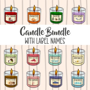 May include: A set of 10 candles with various scents and labels. The candles are in glass jars with a clear lid. The labels are hand-drawn and feature illustrations of the scents, such as a pumpkin for pumpkin spice, a fir tree for frasier fir, and a seashell for aqua sea glass.