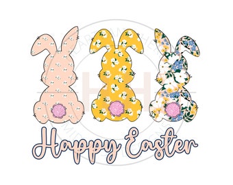 Happy Easter PNG | Easter Bunny Trio Sublimation | Cute Floral Bunnies | Spring Digital Download | Instant Download