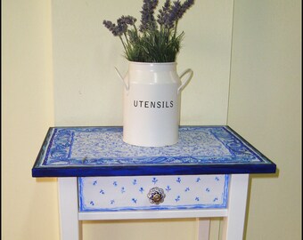 Hand Painted Furniture - Blue & White - Small Hand-painted table - hand painted bed stand - blue floral - blue and white table