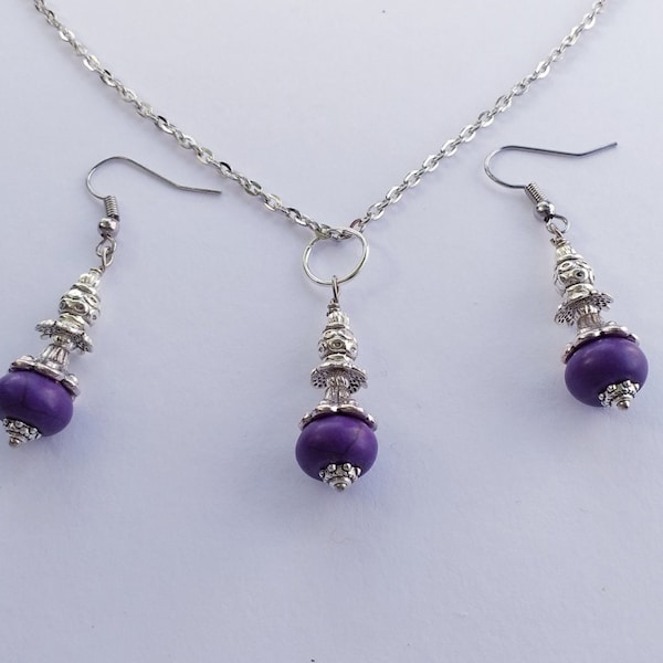 Silver jewelry set Howlite set purple jewelry set necklace earrings Victorian jewelry set Bohemian set Vintage style set Gothic jewelry Gift