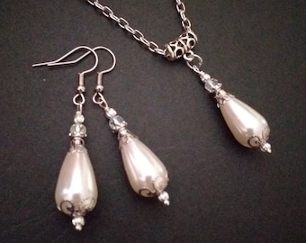 Victorian wedding pearl set Silver jewelry set necklace earrings wedding jewelry set Victorian jewelry set Boho set bride set wedding set