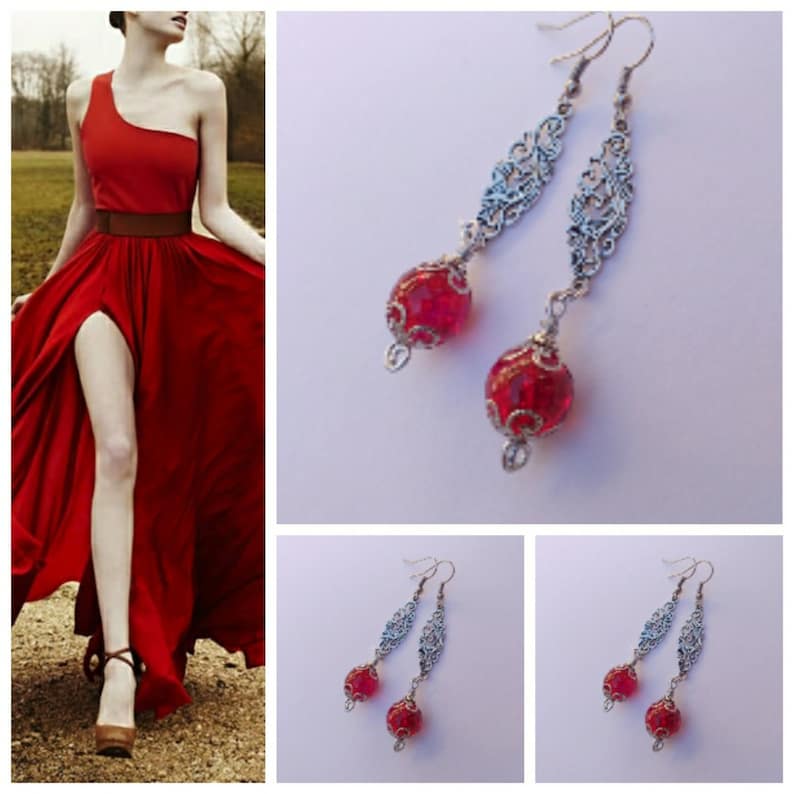 red earrings silver earrings Victorian filigree earrings Gypsy style silver Boho Earrings Bohemian silver red earrings Ruby red earrings