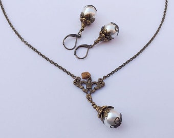 Victorian pearl bronze jewelry set bohemian jewelry set earrings necklace Boho set pearl set vintage set antique set bridal jewelry set gift
