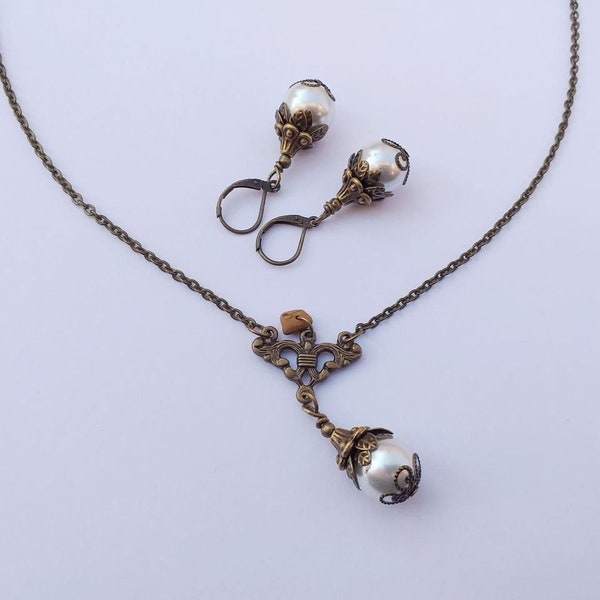 Conjunto de joyería de bronce perla victoriana conjunto de joyería boho pendientes collar Boho conjunto de perlas conjunto vintage conjunto antiguo conjunto de joyería nupcial regalo