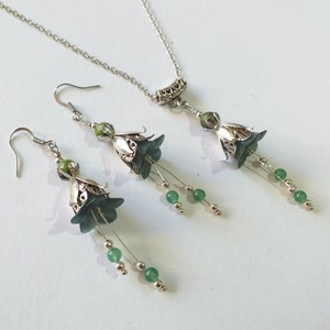 Green Jade Victorian Silver flower jewelry set green flower set necklace earrings Green Jade Zoisite with Ruby jewelry set Boho Silver set
