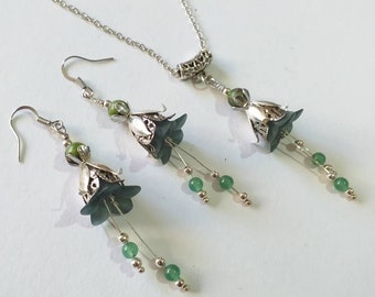 Green Jade Victorian Silver flower jewelry set green flower set necklace earrings Green Jade Zoisite with Ruby jewelry set Boho Silver set