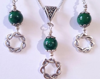 Jade silver boho jewelry set jade earrings jade necklace hoop set silver jewelry set green jewelry set Celtic jewelry set gift for her