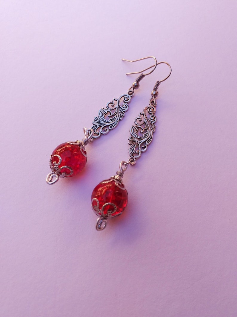 red earrings silver earrings Victorian filigree earrings Gypsy style silver Boho Earrings Bohemian silver red earrings Ruby red earrings