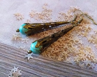 Turquoise earrings Victorian earrings bronze earrings filigree earrings Boho Earrings Bohemian earrings Turquoise jewelry antique earrings