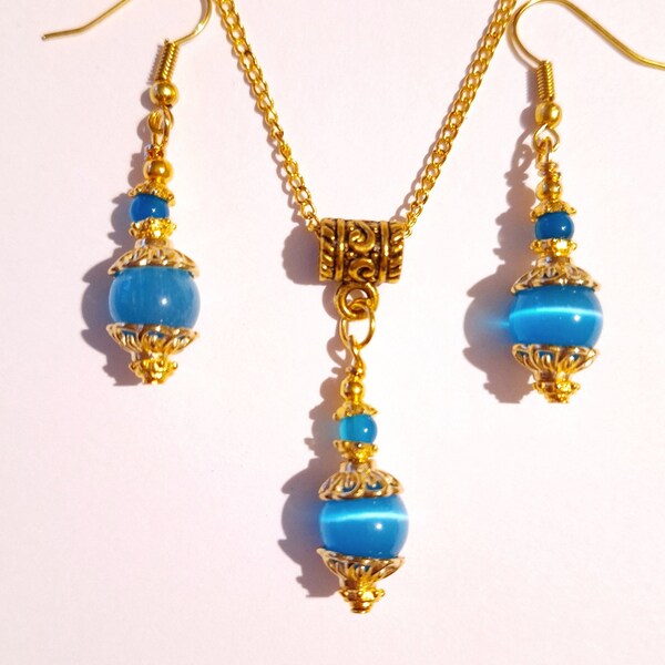 Blue Chrysoberyl Cat eye gold jewelry set Victorian set necklace earrings Boho blue Agate  jewelry set Cat eye earrings Chrysoberyl jewelry