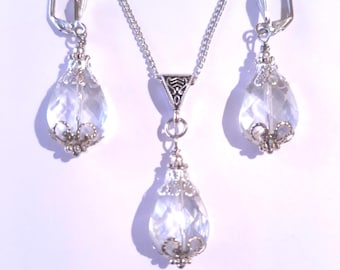 Klare Kristall Silber Schmuckset Halskette Ohrringe Boho Schmuckset Silberset Hochzeit Schmuckset Crystal Teardrop Set Brautschmuckset