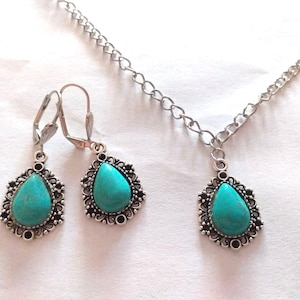 Turquoise silver Victorian jewelry set necklace earrings Boho earrings Silver turquoise pendant set turquoise necklace turquoise earrings image 5