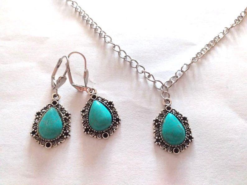 Turquoise silver Victorian jewelry set necklace earrings Boho earrings Silver turquoise pendant set turquoise necklace turquoise earrings image 5