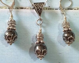 Hematite Victorian silver jewelry set Boho jewelry set bohemian set Antique earrings and necklace hematite vintage style jewelry gift set