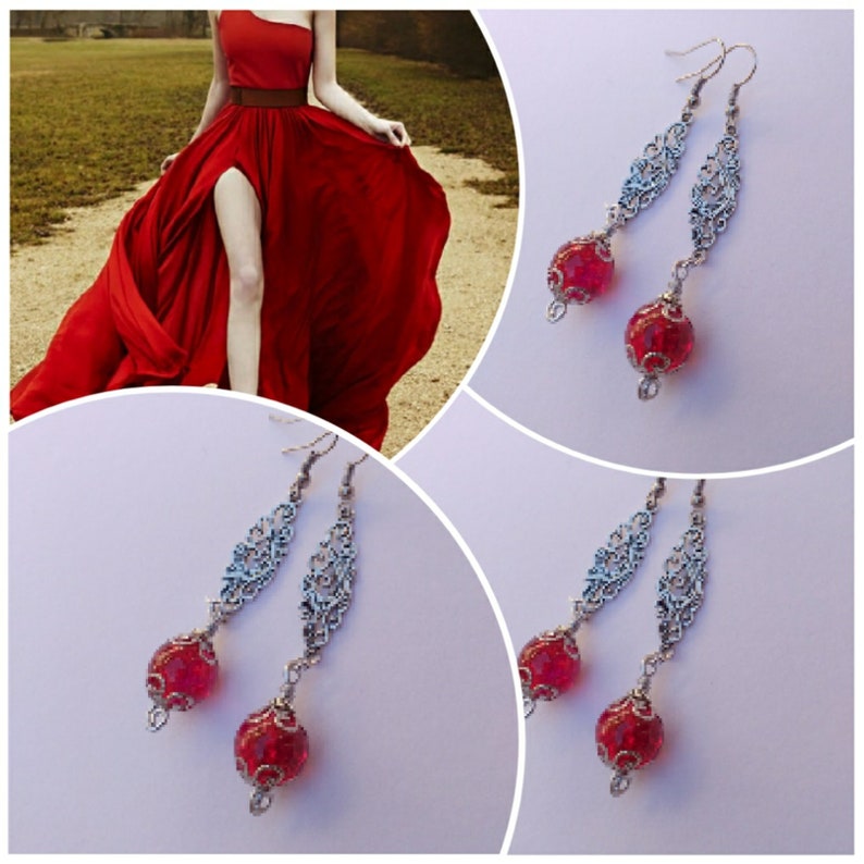 red earrings silver earrings Victorian filigree earrings Gypsy style silver Boho Earrings Bohemian silver red earrings Ruby red earrings