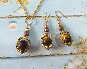 Tiger's eye gold jewelry set necklace earrings Boho jewelry set Bohemian set Gold framed set Vintage style Tiger eye set gift jewelry set