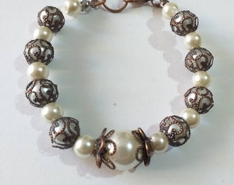 Victorian copper Pearl bracelet white pearl copper bracelet Boho bracelets Antique bracelets wedding bracelet gift for her pearl jewelry