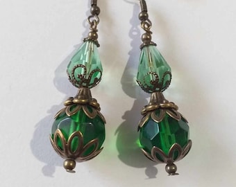 Emerald Green Victorian Earrings: Bronze Boho Dangle Earrings