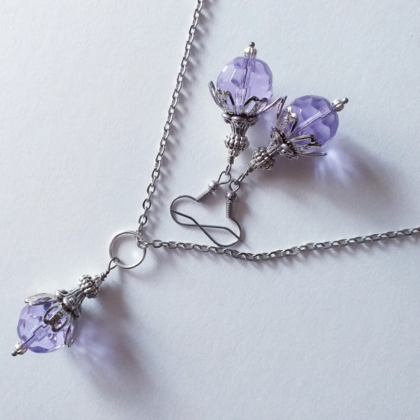 Victorian silver purple jewelry set necklace earrings Silver jewelry set Boho jewelry set Lilac Crystal jewelry set Vintage set Antique set
