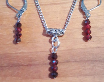 Red Garnet Silver jewelry set necklace earrings Boho Burgundy jewelry set Garnet jewelry Silver garnet earrings minimalist style set gift