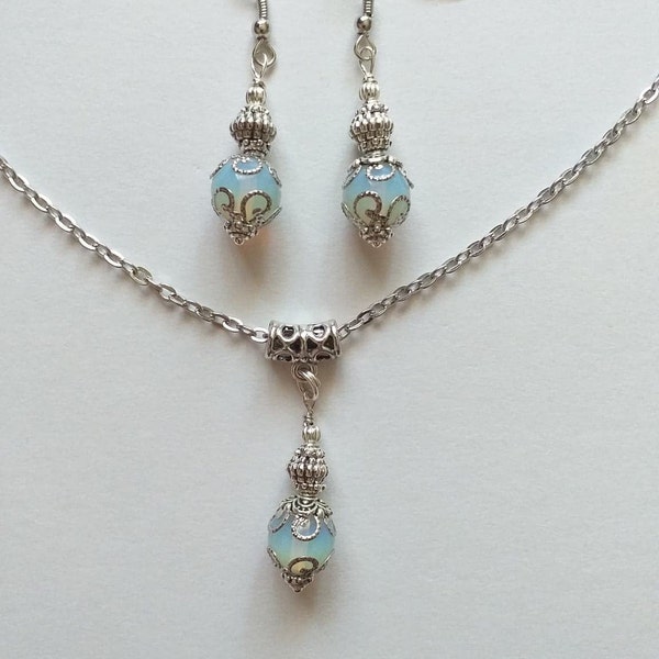 Opal jewelry set Silver jewelry set Victorian set necklace and earrings Boho jewelry set Wedding opal jewelry set opal necklace opal jewelry