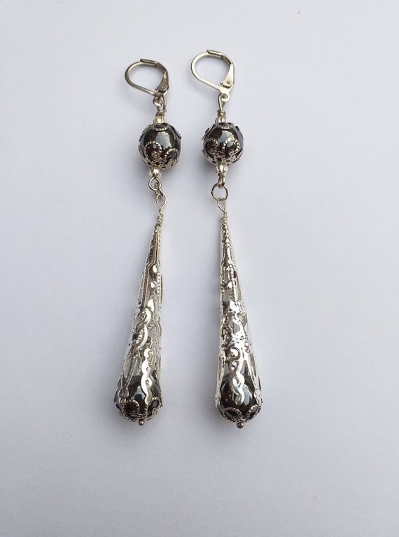 Hematite Victorian earrings silver filigree earrings bohemian earrings Antique earrings long hematite earrings teardrops earrings gift