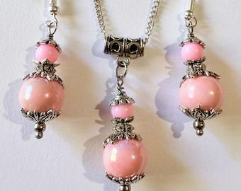 Pink Pearl Filigree Jewelry Set: Silver Tone Victorian Style Necklace Earrings