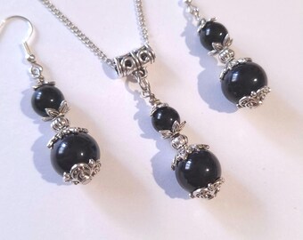 Victorian Black silver jewelry set necklace earrings Gothic wedding black jewelry set Boho Silver black porcelain beads Vintage antique set