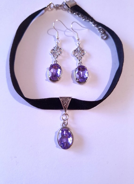 Lavender purple velvet Choker jewelry set light purple set black velvet Choker necklace earrings Victorian jewelry set Boho set Gothic set