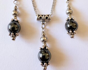 Hematite Victorian silver jewelry set Boho jewelry set bohemian set Antique earrings and necklace hematite vintage style jewelry gift set