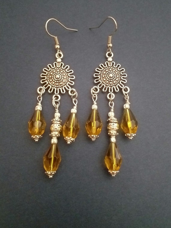 Victorian Silver statement earrings Boho earrings Bohemian earrings Teardrop crystal earrings Sun earrings chic modern style brown yellow