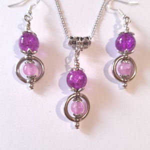 Silver hoops purple pink jewelry set necklace earrings Victorian jewelry set Boho set purple pink rose crackle glass beads jewelry set gift