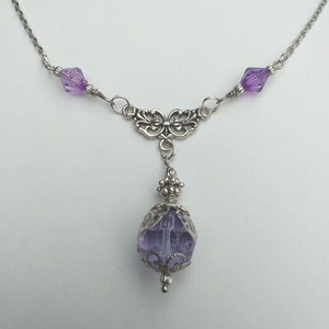 Purple necklace Silver necklace Victorian necklace Bohemian necklace Lilac Crystal pendant Vintage style necklace Antique purple necklace